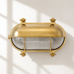 Cargar imagen en el visor de la Galería, Aplique de pared Ivoran Bulkhead - Luz industrial vintage de vidrio con jaula de latón para exteriores y baño