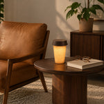 Load image into Gallery viewer, Rechargeable table lamp wood and fabric side angle