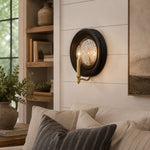 Cargar imagen en el visor de la Galería, Vintage black round mirror wall sconce with brass candle arm