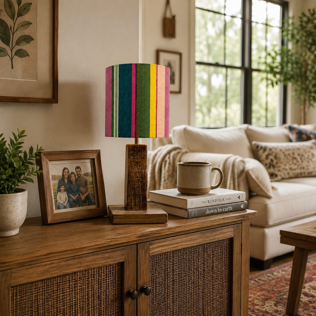 Colorful printed fabric table lamp in a styled interior