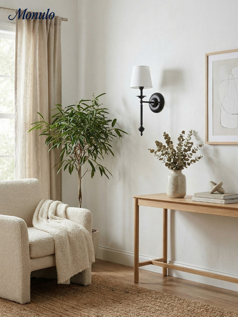 Aplique de pared con pantalla de tela Rowan en cobre antiguo: lámpara vintage de lujo para interiores 