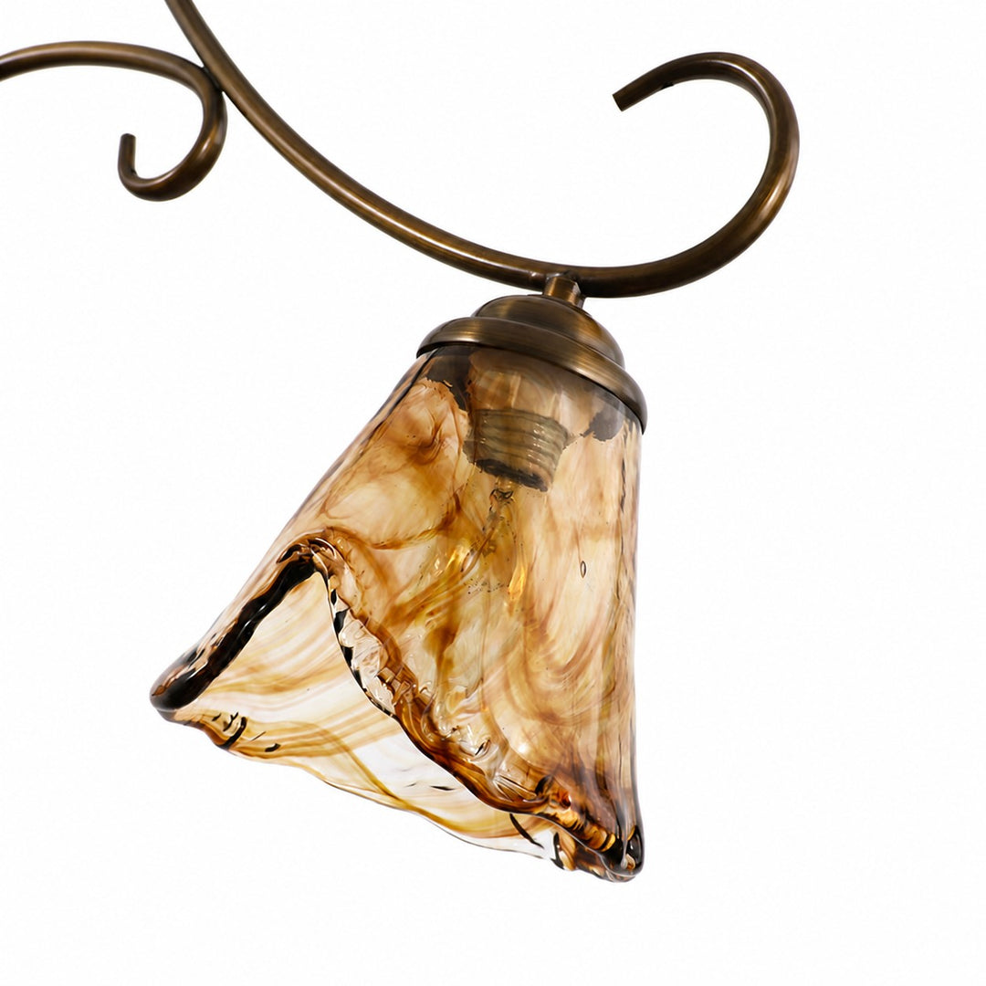 French Country Brass and Amber Glass Linear Chandelier