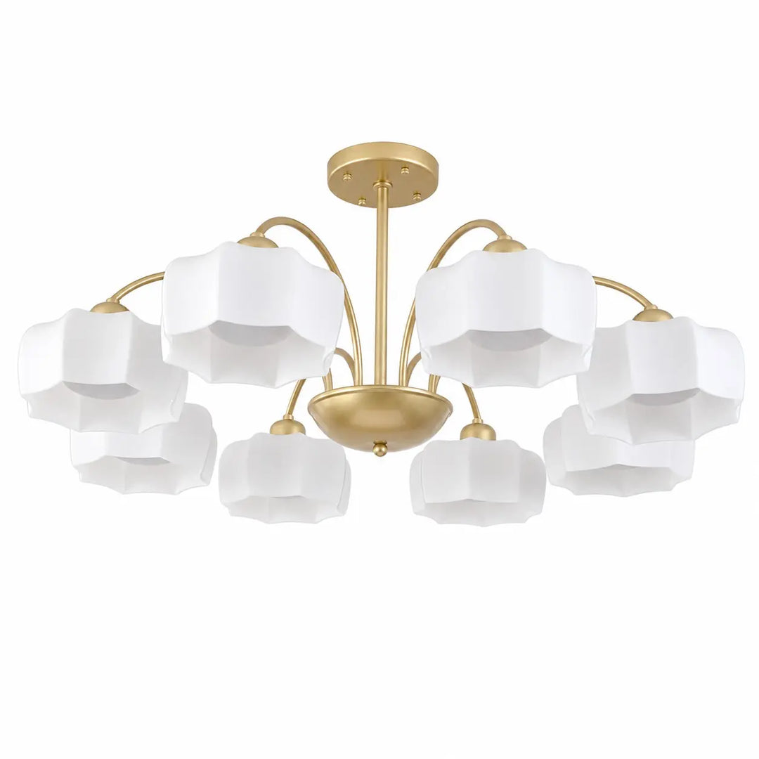 Gold and white 8-light chandelier on a white background