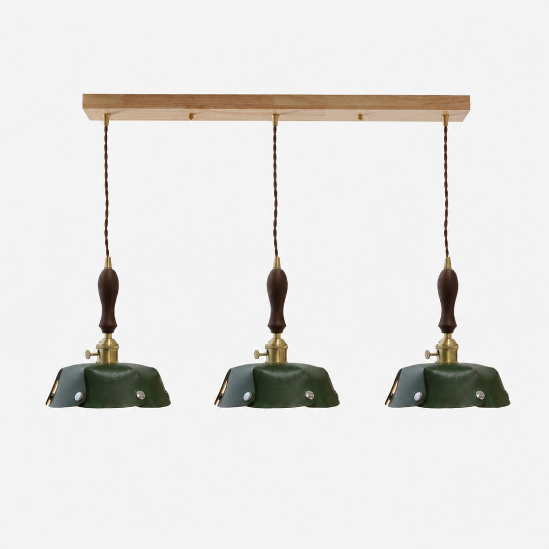 3-Light Linear Pendant Deep Green Leather Bar 100 cm / 39.4 in; Shade Dia. 30 cm / 11.8 in