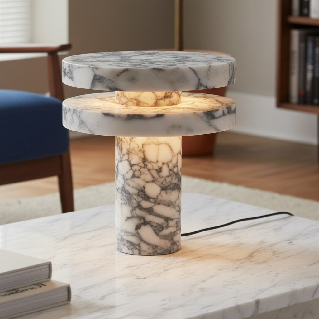 Moderne skulpturale Tischlampe mit zylindrischem Sockeldesign für Schlafzimmer-Nachttisch und Wohnzimmer