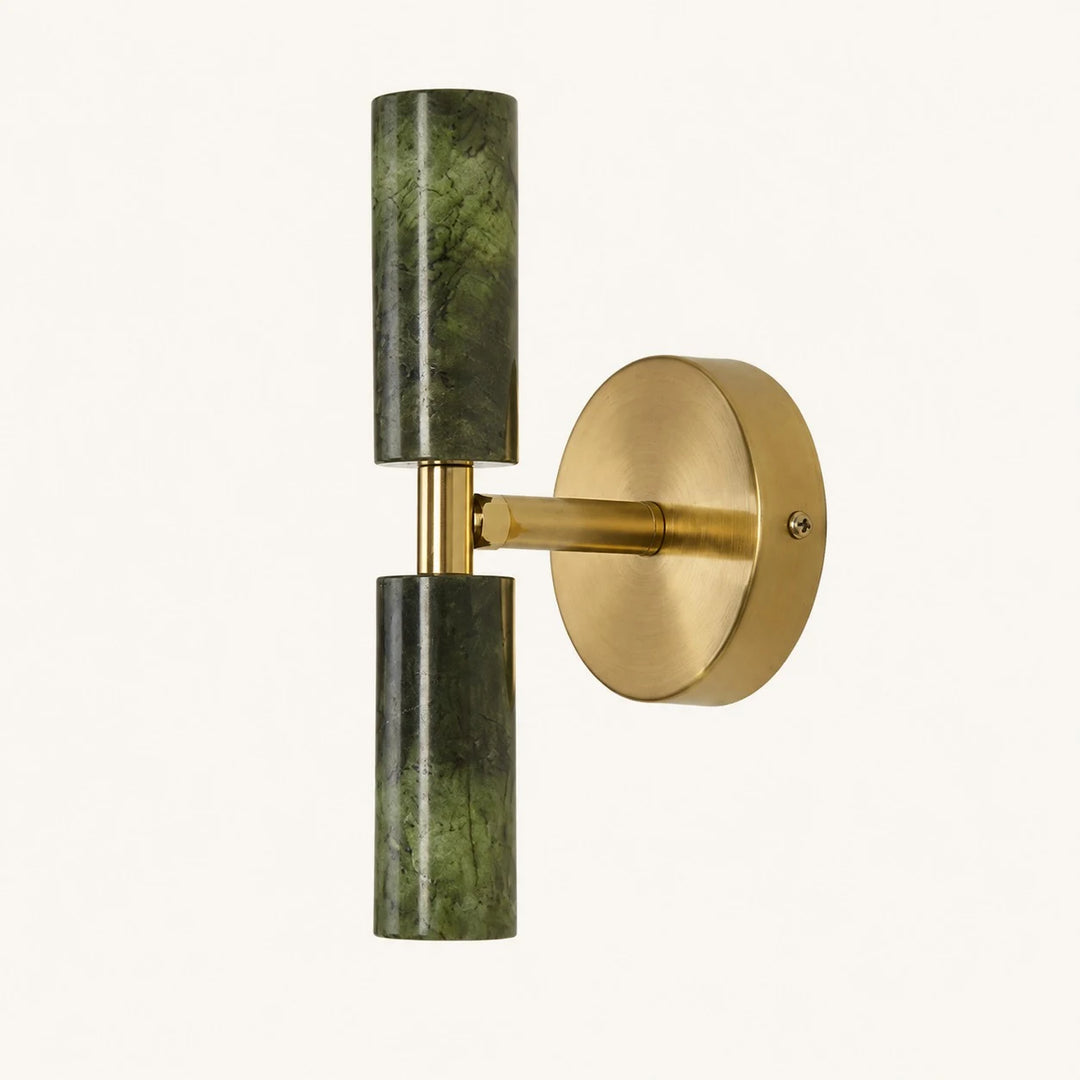 Full view of the natural green jade double wall sconce with brass-tone backplate