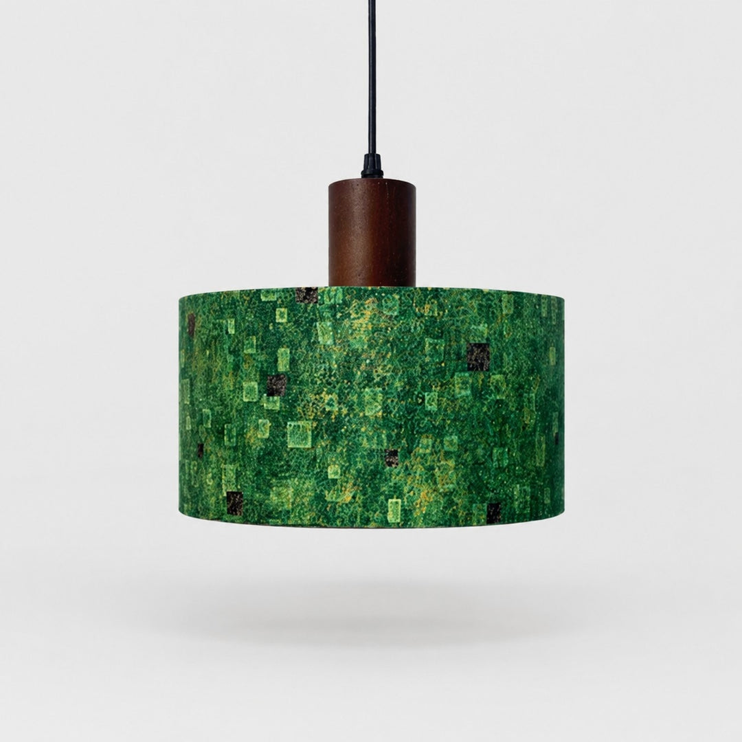 Green gilded patterned fabric drum pendant light, 25 cm shade