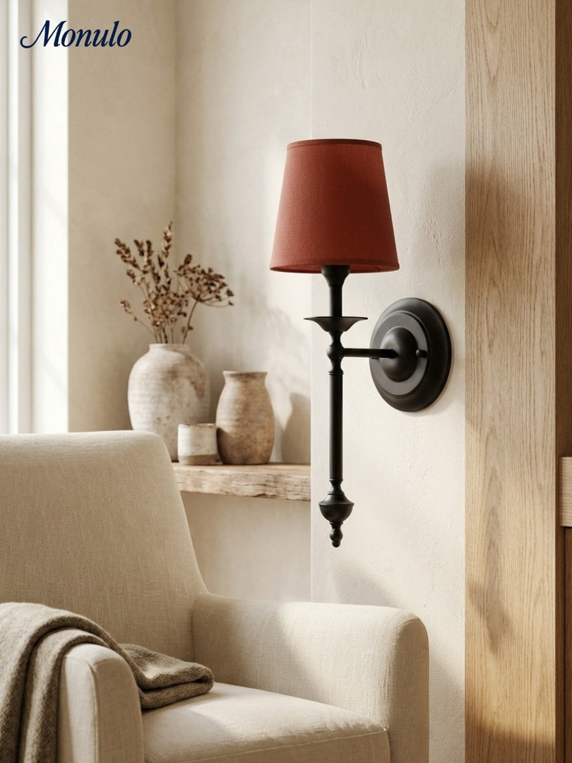 Aplique de pared con pantalla de tela Rowan en cobre antiguo: lámpara vintage de lujo para interiores 