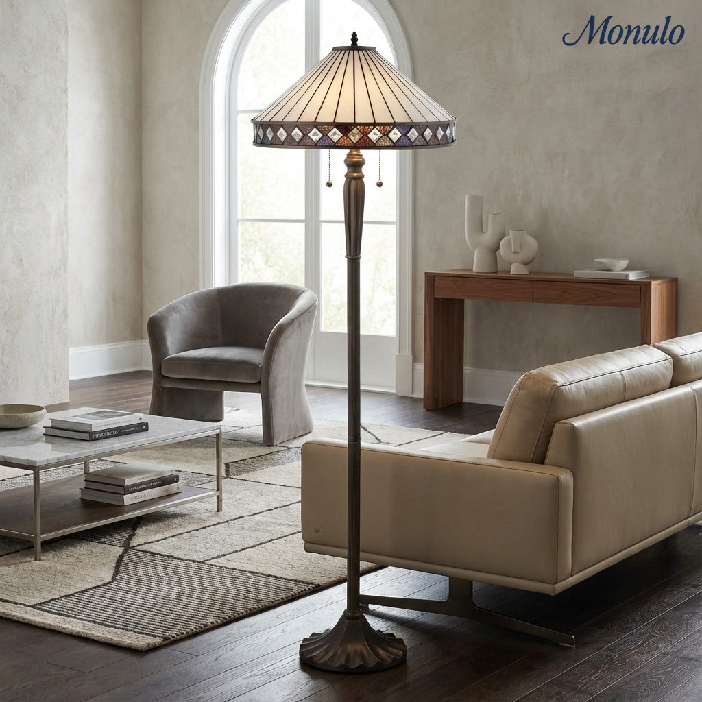 TF Geometric Stained Glass Table Lamp with Amber and Cream Panels – Tiffany Style Accent Lamp for Bedroom and Study