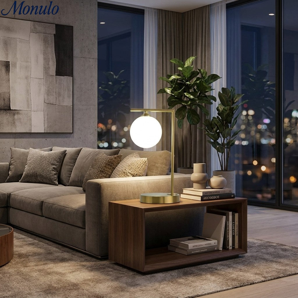 Modern Gold Frame Desk Lamp – Suspended Globe Light for Bedside and Home Office