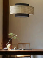 Cargar imagen en el visor de la Galería, Lámpara colgante zen rústica de estilo japonés Wabi-Sabi con forma de tambor de ratán y cuerda de cáñamo
