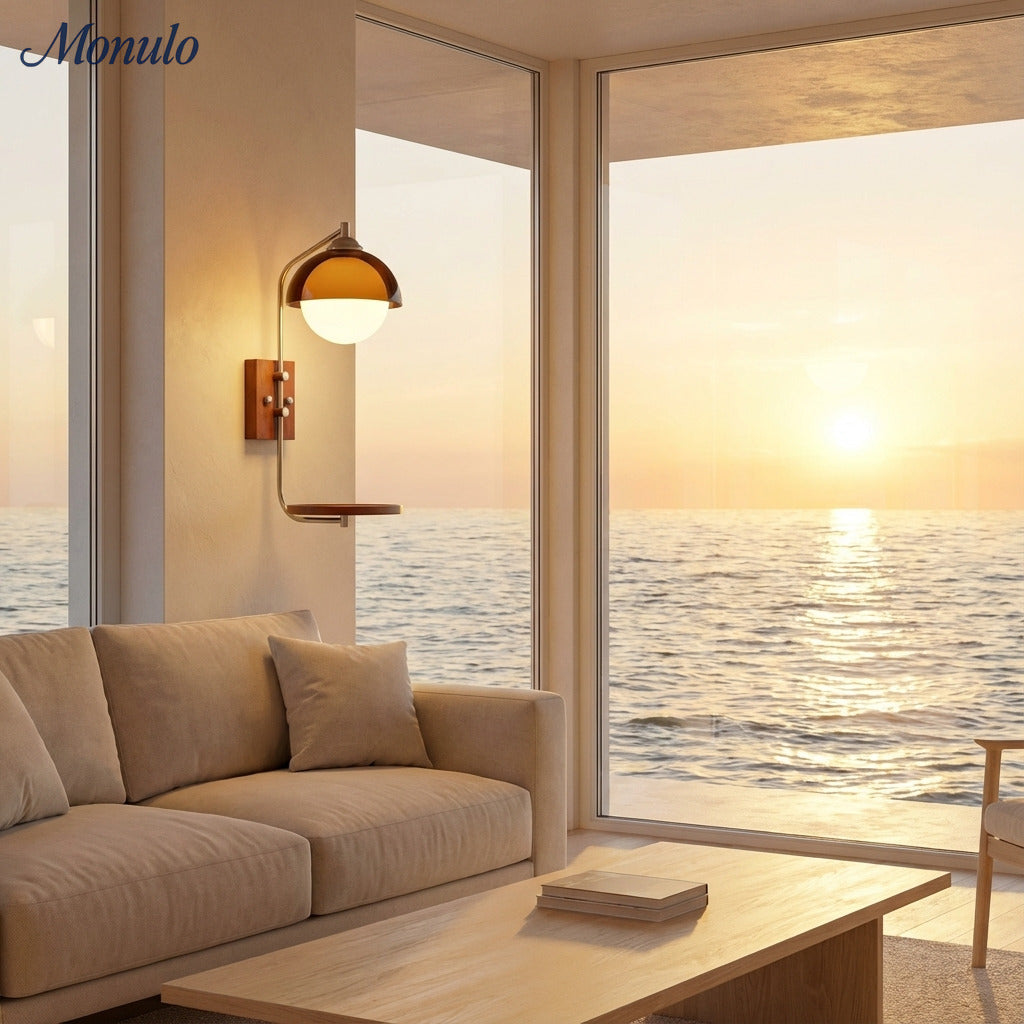 Sunset Glow Modern Wall Sconce with Acrylic Shade and Wood-Texture Base for Bedroom Hallway Living Room