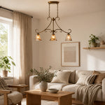 Cargar imagen en el visor de la Galería, French Country Brass and Amber Glass Linear Chandelier