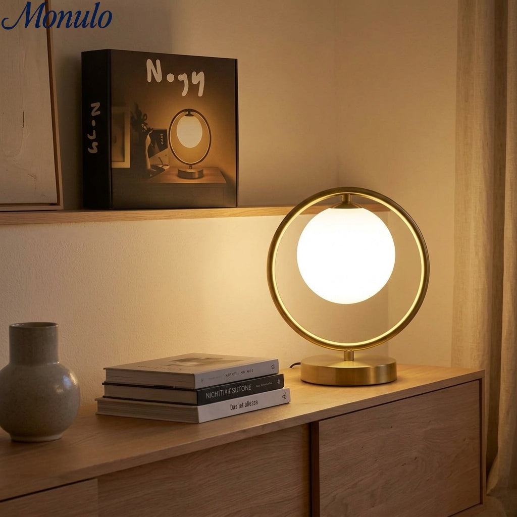 Modern Gold Frame Desk Lamp – Suspended Globe Light for Bedside and Home Office