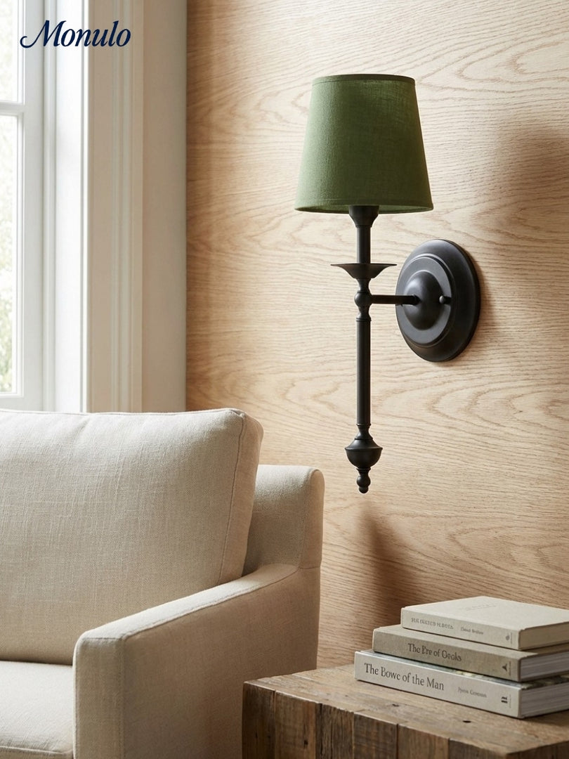 Aplique de pared con pantalla de tela Rowan en cobre antiguo: lámpara vintage de lujo para interiores 