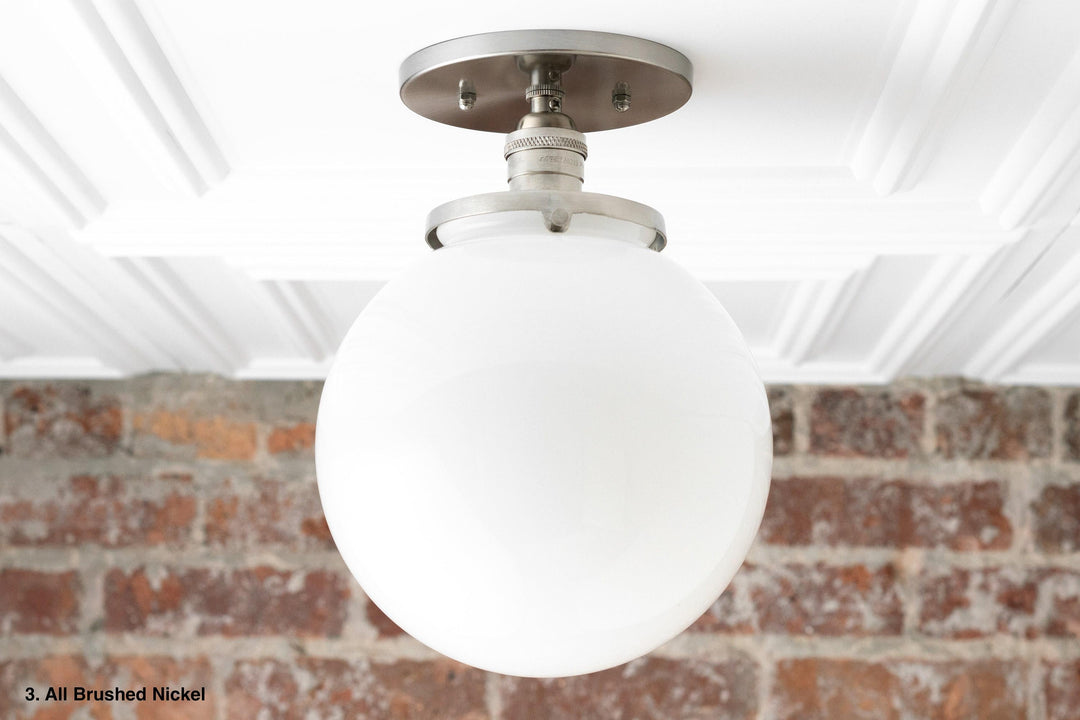 Glorica Glass Mid Century Semi Flush Ceiling Light - White Opal Glass Globe Fixture