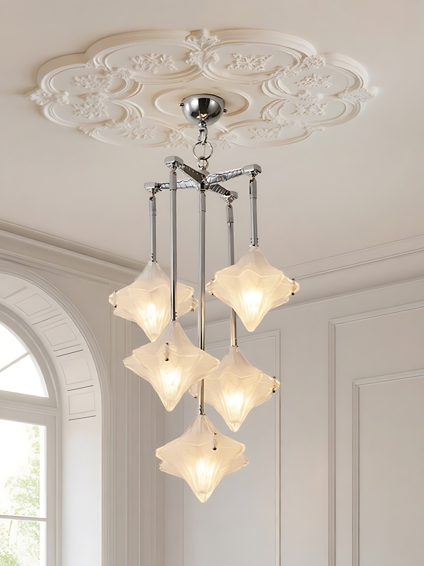 Lámpara de araña Art Déco con forma de estrella: lámpara de cristal esmerilado para comedor – Astris Vega 