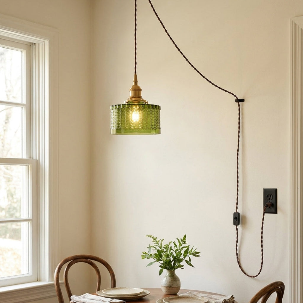 Chevron Green Glass Plug-In Swag Pendant