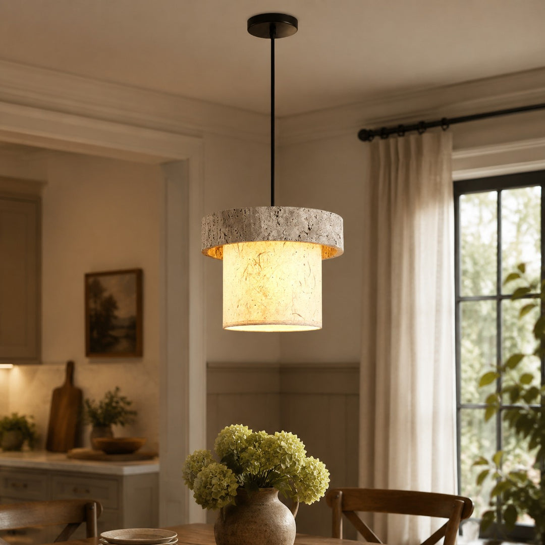Style D gray travertine stone pendant in a dining room