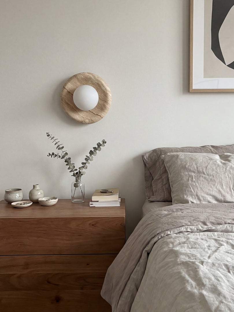 Oria Minimalist Travertine Wall Sconce - Sculptural Ambient Light for Bedroom
