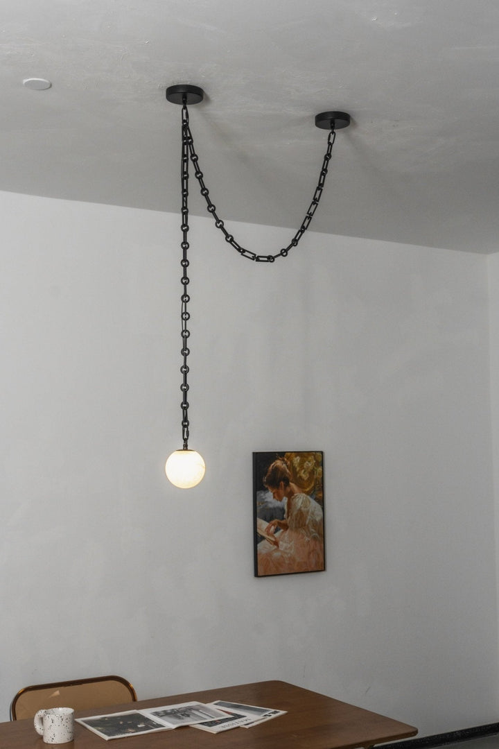 Black Metal Alabaster Globe Hardwired Chandelier