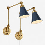 Load image into Gallery viewer, Pair of swing-arm sconces with blue cone shades and gold hardware