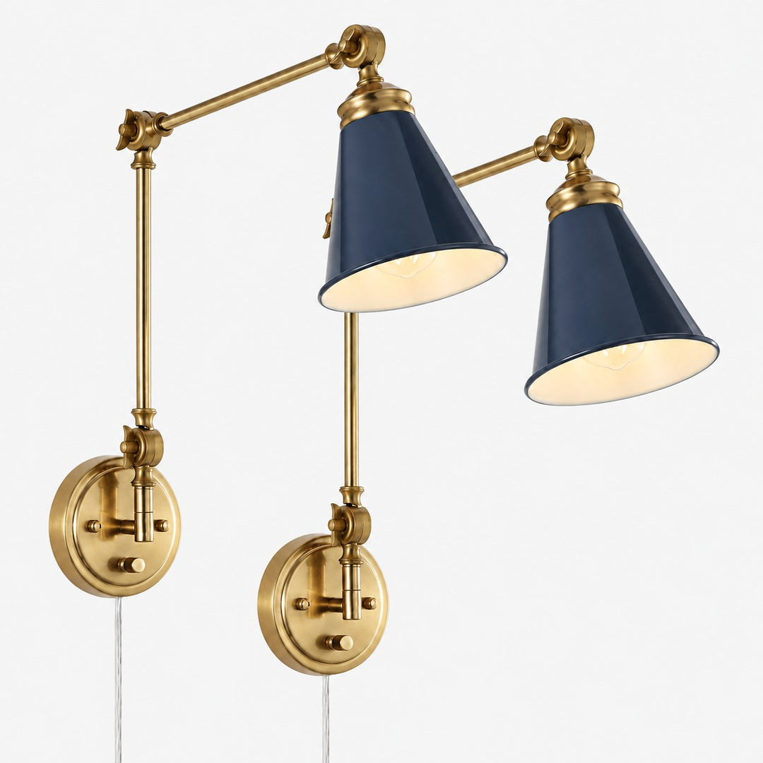 Pair of swing-arm sconces with blue cone shades and gold hardware