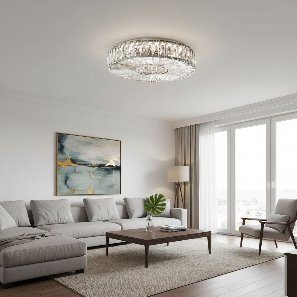 Glomar Glass Round Flush Ceiling Light - Modern Metal Glass Finish Living Areas