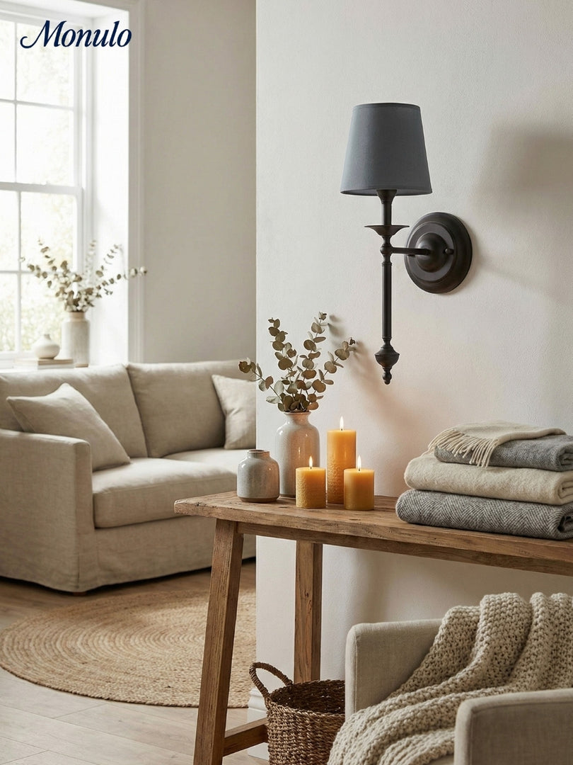 Aplique de pared con pantalla de tela Rowan en cobre antiguo: lámpara vintage de lujo para interiores 