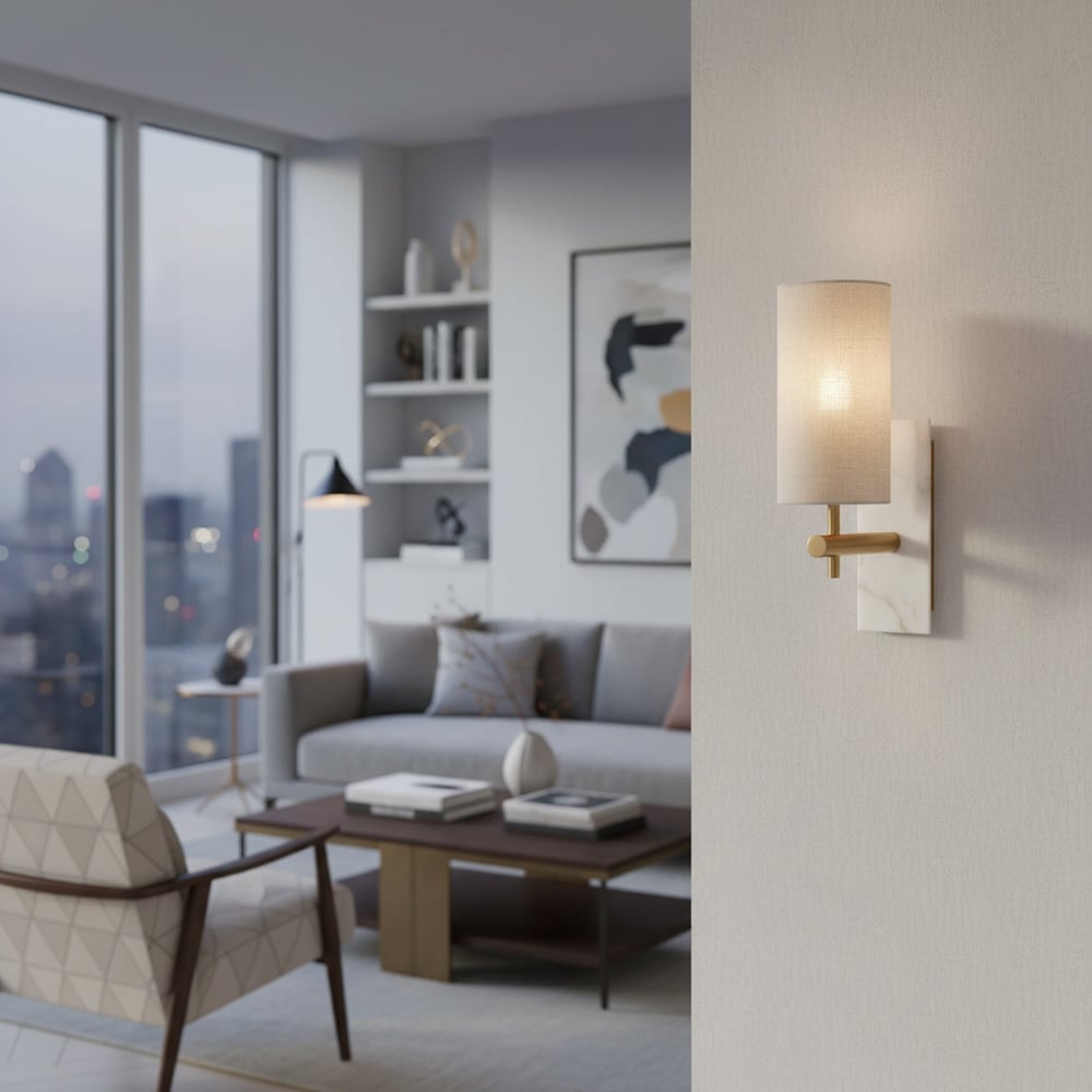 Mavora Linen Shade Wall Lamp with Stone Back Plate – Elegant Bedroom Wall Light