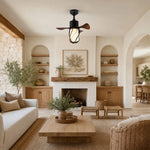 Cargar imagen en el visor de la Galería, black wood tone ceiling fan light in a warm lounge space