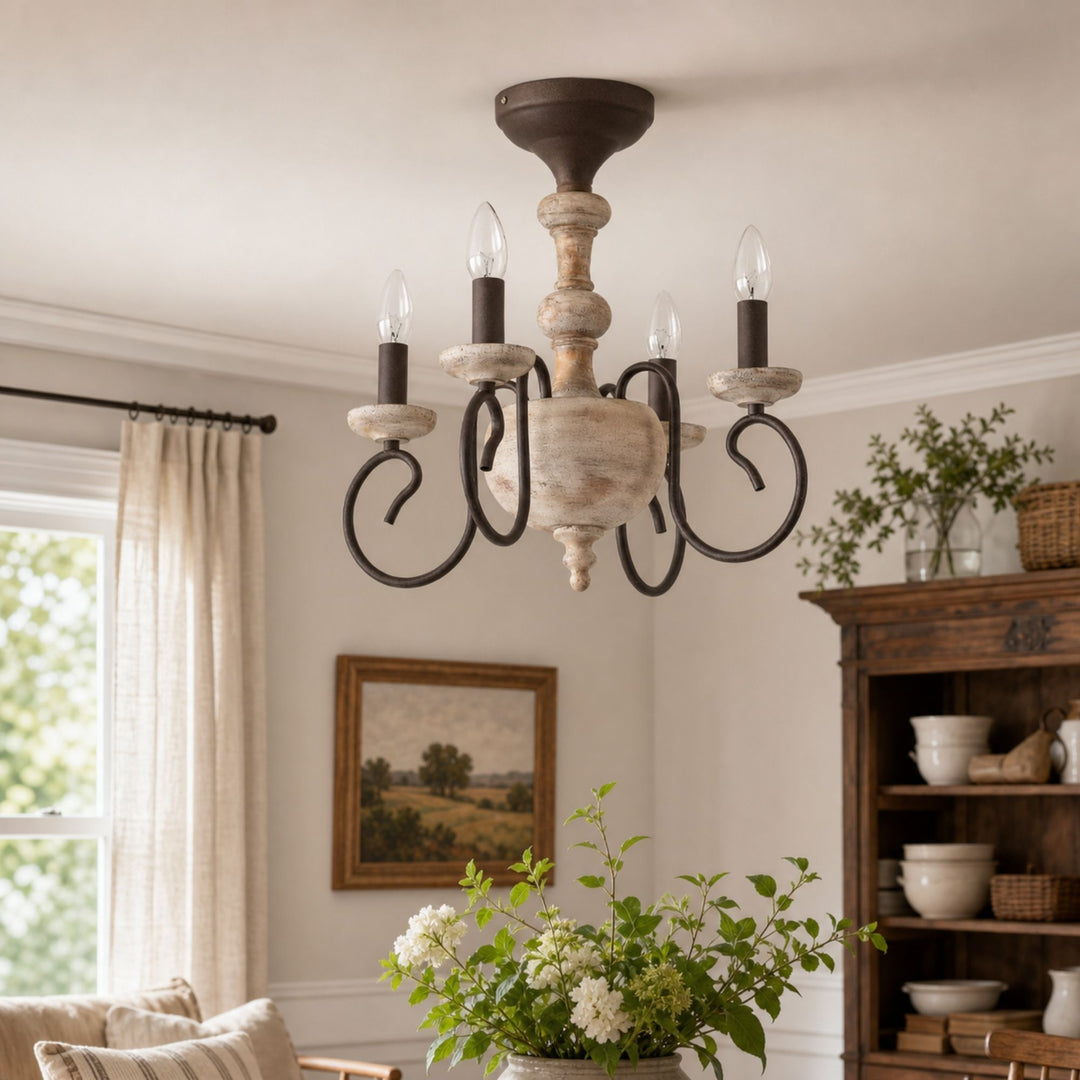 farmhouse dining room scene with rustic ceiling chandelier
