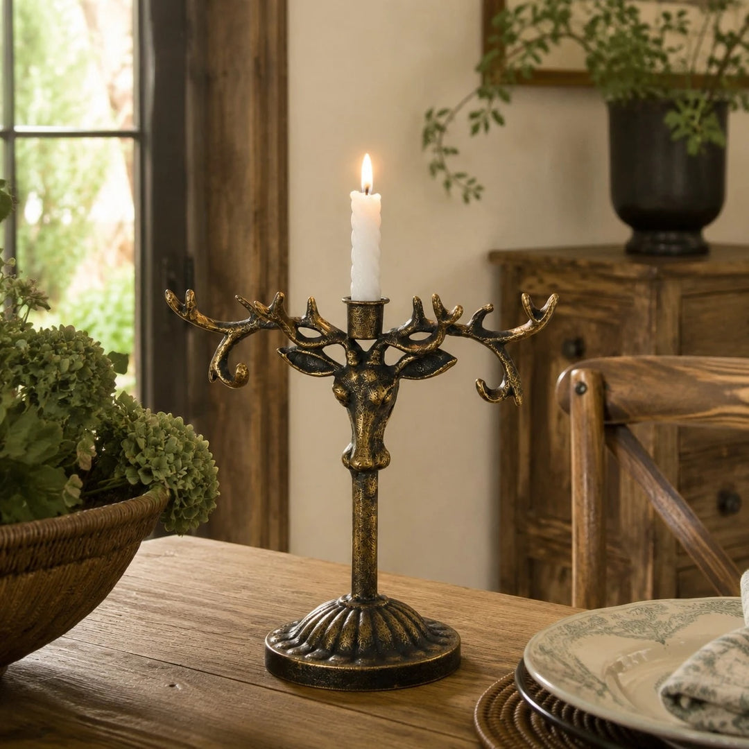 Vintage deer head iron candle holder