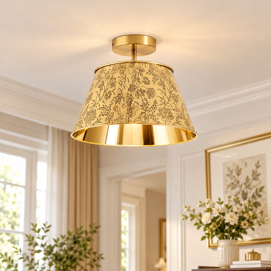 Cone Shade Floral Etching Antique Brass Flush Mount