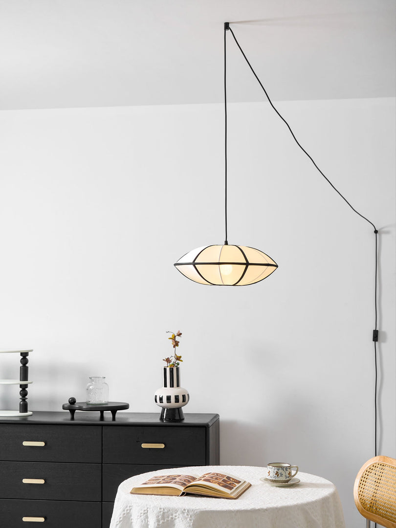 Black Metal White Fabric Plug-In Swag Pendant