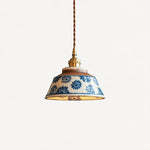 Load image into Gallery viewer, Blue and white hand-painted ceramic pendant lamp with brass-tone socket