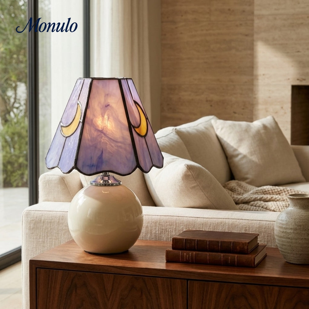 Vintagia Mushroom Moon Stained Glass Table Lamp - Artistic Accent Ceramic Base Light for Living Room or Bedroom