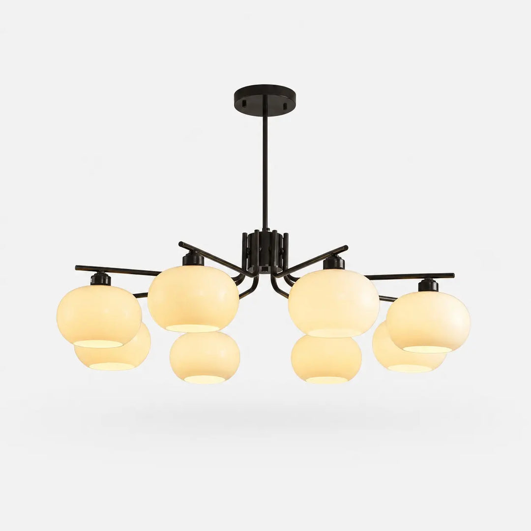 Solid brass black eight-light milk glass chandelier