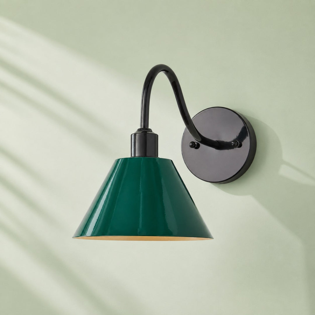Industrial Modern Tapered Brass Gooseneck Sconce with Metal Silhouette