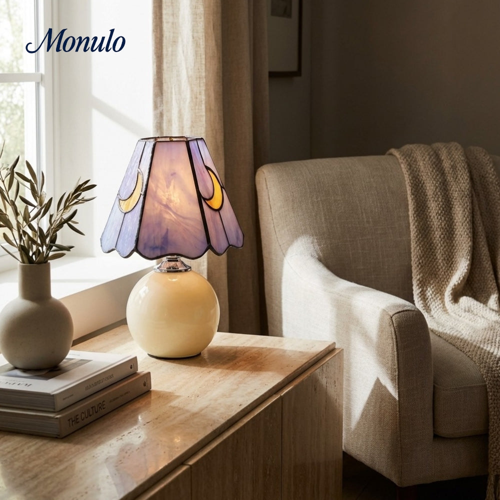 Vintagia Mushroom Moon Stained Glass Table Lamp - Artistic Accent Ceramic Base Light for Living Room or Bedroom