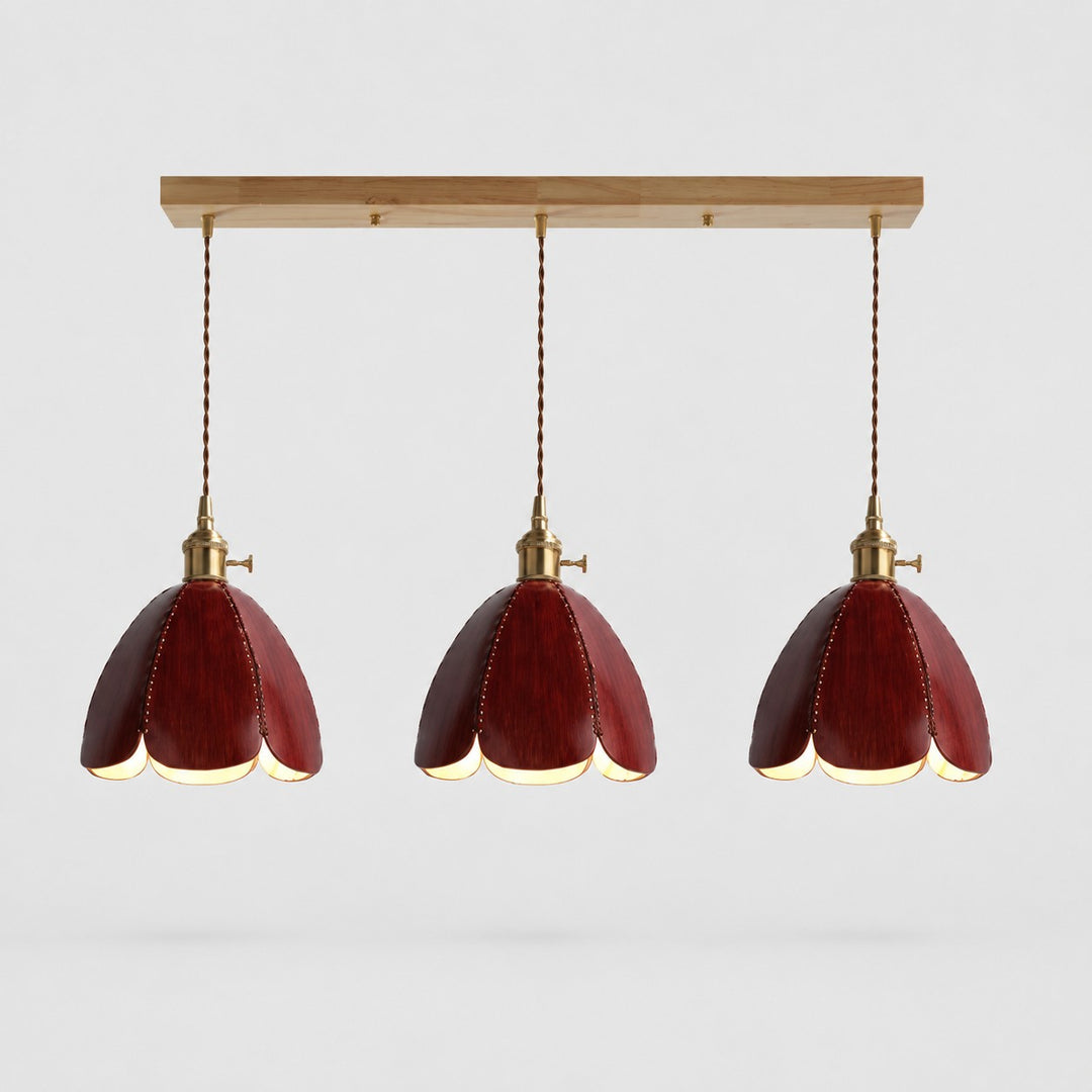 Three-light brown leather linear pendant