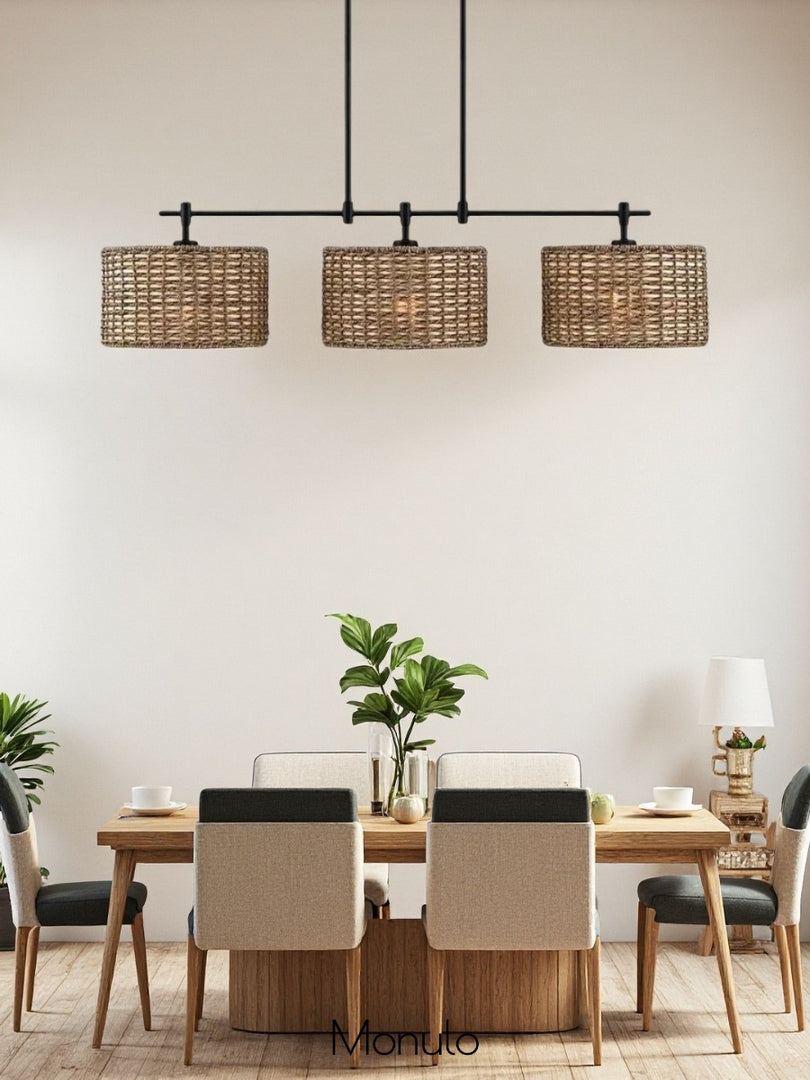 3 Light Rustic Drum Hand Woven Rattan Pendant Light