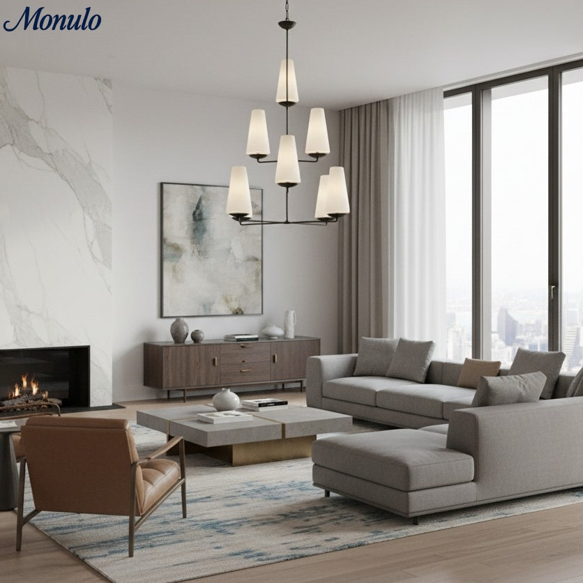 Lustre vertical à plusieurs têtes en étages Rowan - Métal moderne et tissu pour salons et halls d'entrée