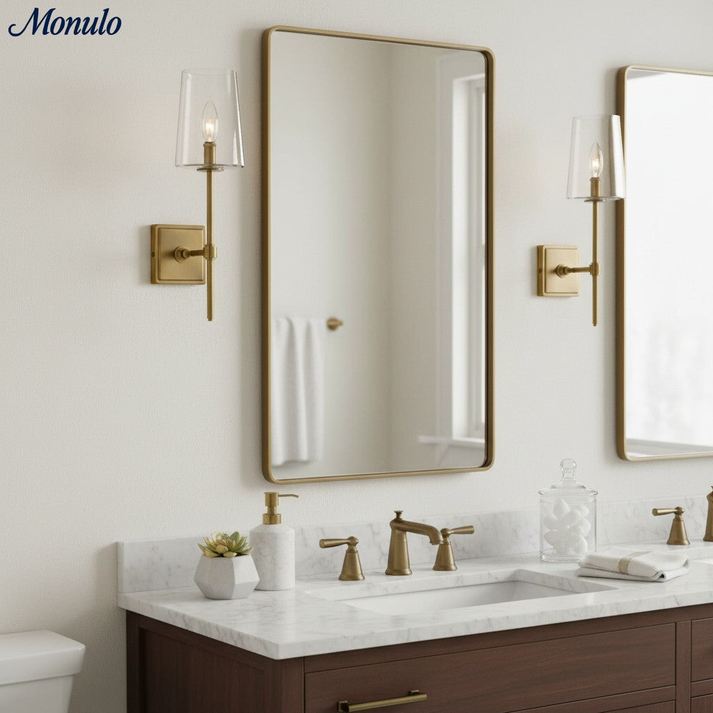 Aplique de vidrio transparente Derlina: elegante aplique para tocador individual o triple