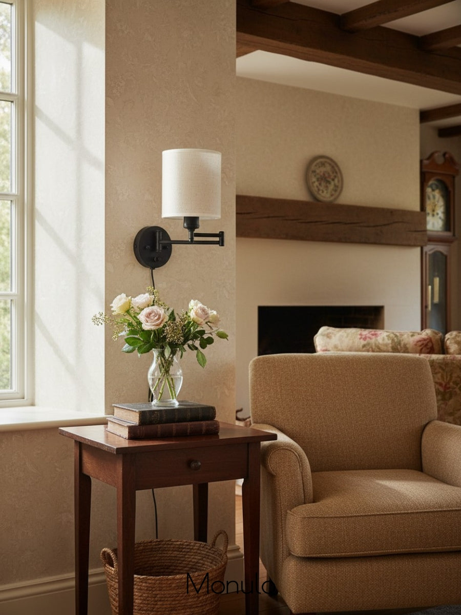 Swing Arm Fabric Sconce Light – Adjustable Wall Lamp with Drum Shade