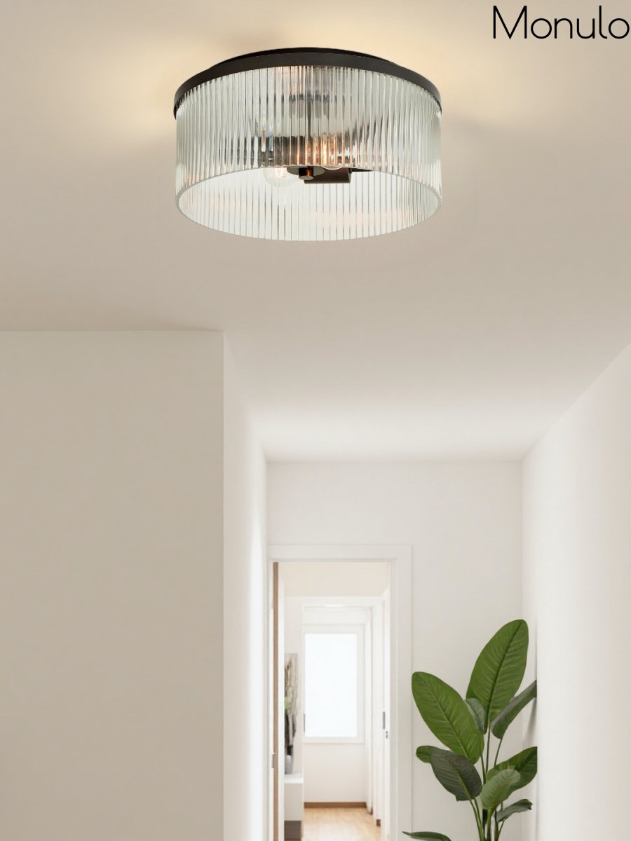 Bravira Elegant Ribbed Glass Flush-Mount Ceiling Light – Modern Low-Profile Fixture for Bedroom