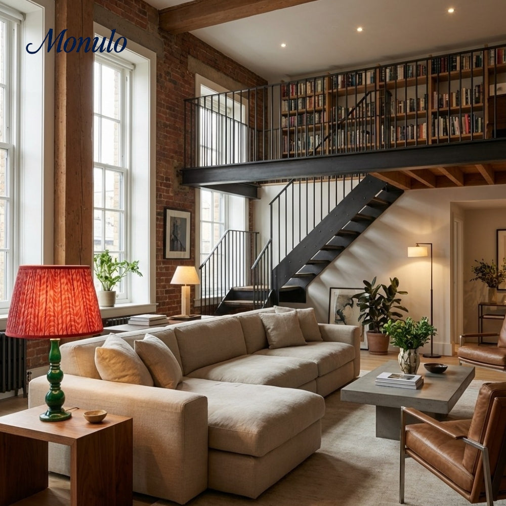 Lampe de table sculpturale Grainora avec base en grain de bois naturel et abat-jour en tissu pour intérieurs chaleureux