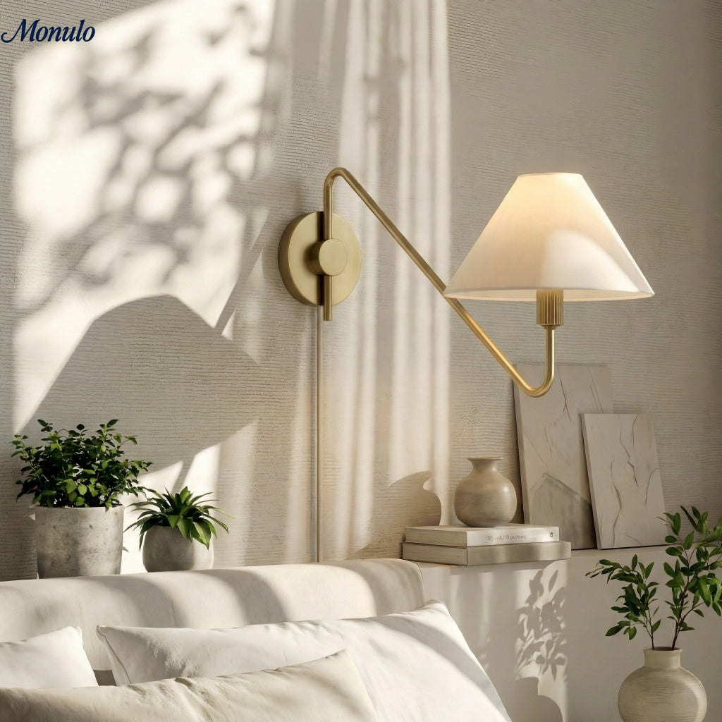 Applique murale encastrable Diora avec abat-jour en lin et bras réglable en bronze champagne