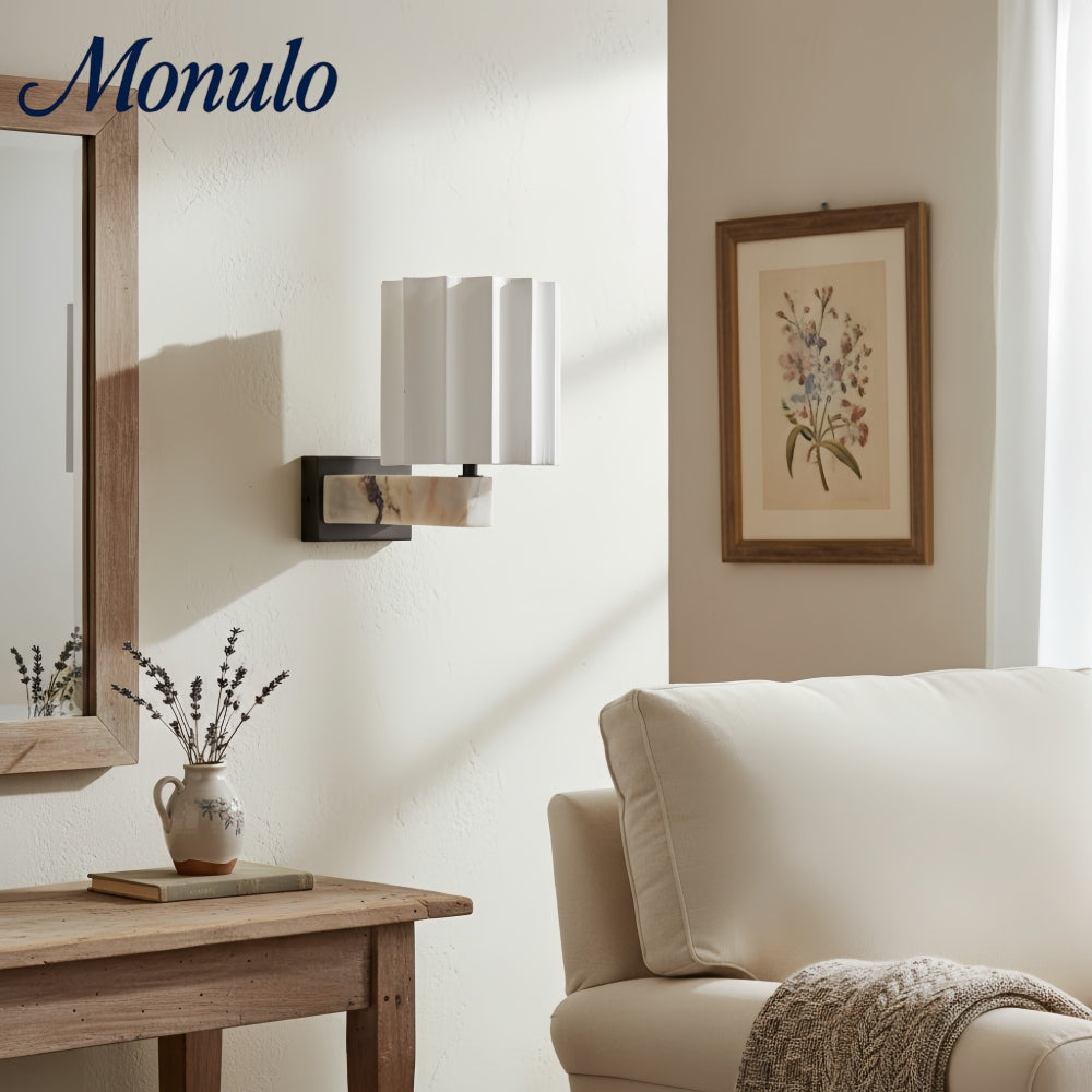 Cavilon Sculpted Marble Wall Light with Elegant Linen Shade for Living Rooms and Hallways