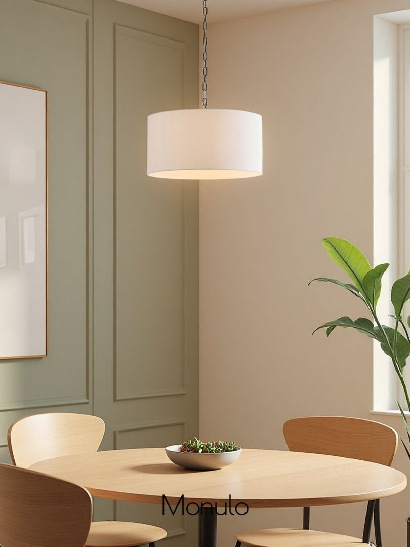 Lámpara colgante de lino Dumora con forma de tambor: moderna pantalla blanca para comedor
